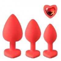 Anal Plug 3 pc Set w/ Red Heart Jewels Silicone 